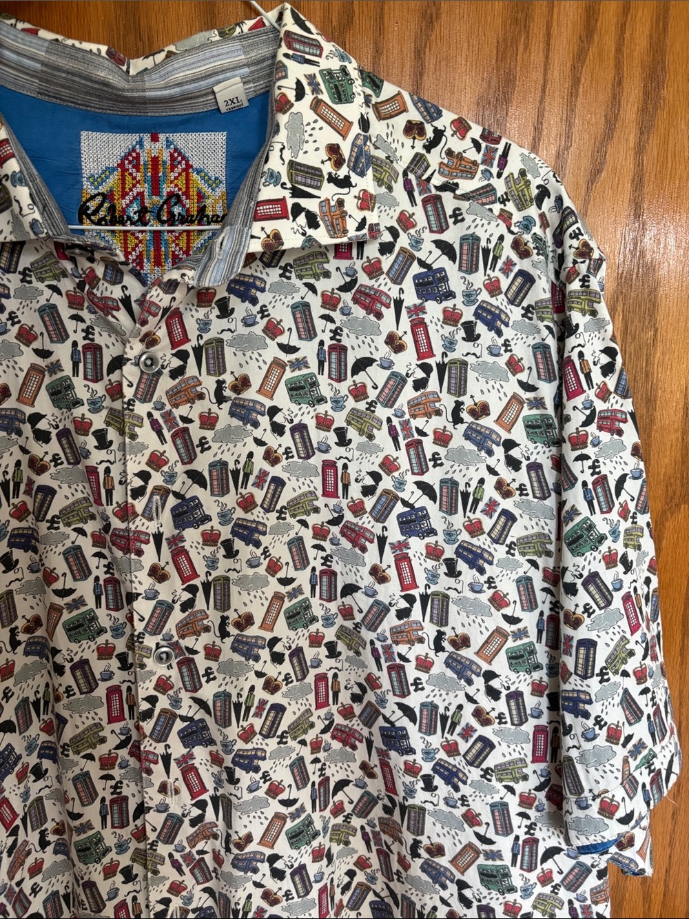 Robert Graham Cream Short-Sleeve Button-Down with Multi-Color Icon Print